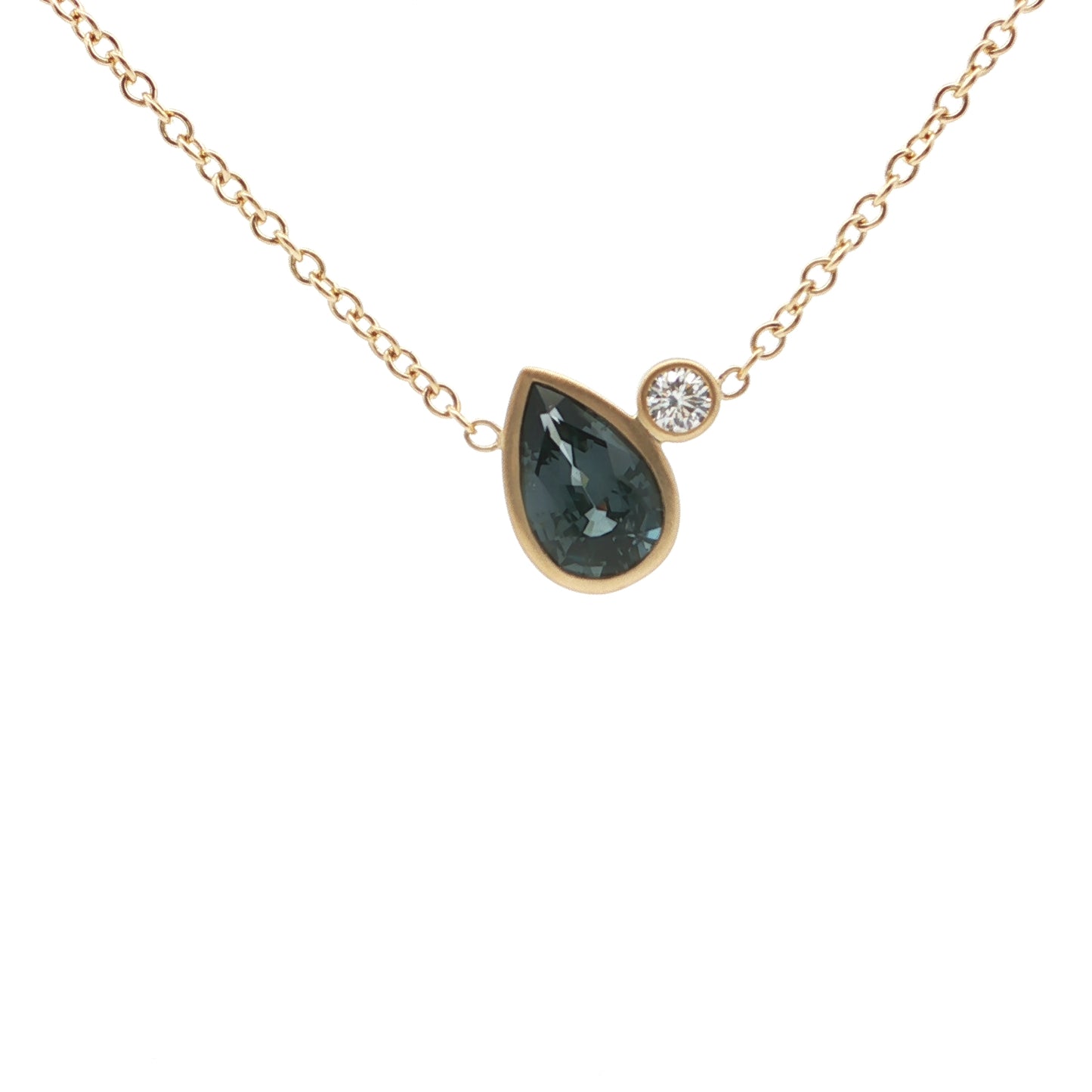 Grey Spinel/Diamond Pear Shape 2 Stone Necklace 1.18/0.08ct 18K Yellow Gold