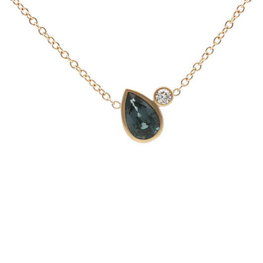 Grey Spinel/Diamond Pear Shape 2 Stone Necklace 1.18/0.08ct 18K Yellow Gold