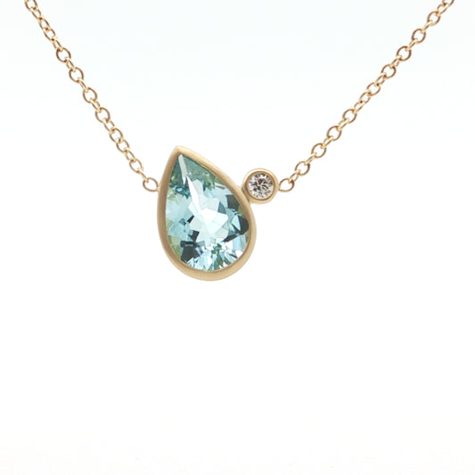 Aquamarine/Diamond Pear Shape 2 Stone Necklace 0.10/0.08ct 18K Yellow Gold