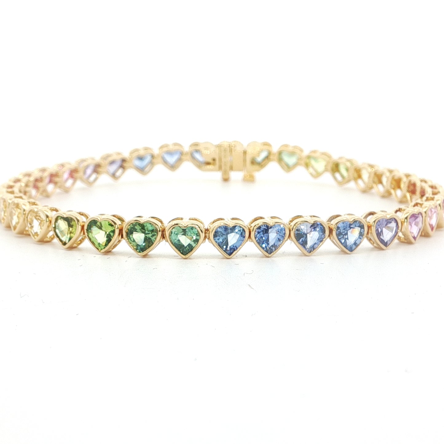 Pastel Rainbow Heart Tennis Bracelet 10.32ct 18K Yellow Gold