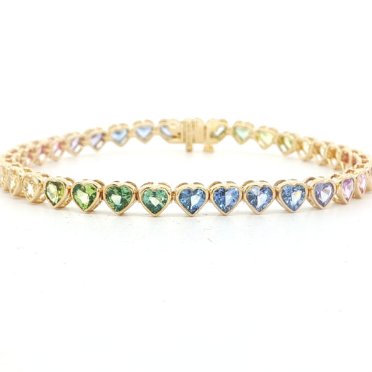 Pastel Rainbow Heart Tennis Bracelet 10.32ct 18K Yellow Gold