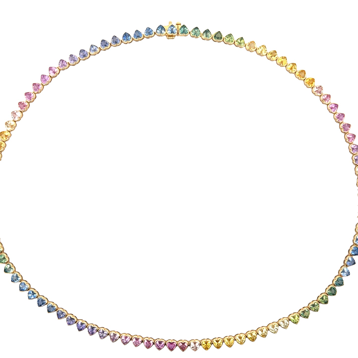 Pastel Rainbow Heart Tennis Necklace 27.26ct 18K Yellow Gold
