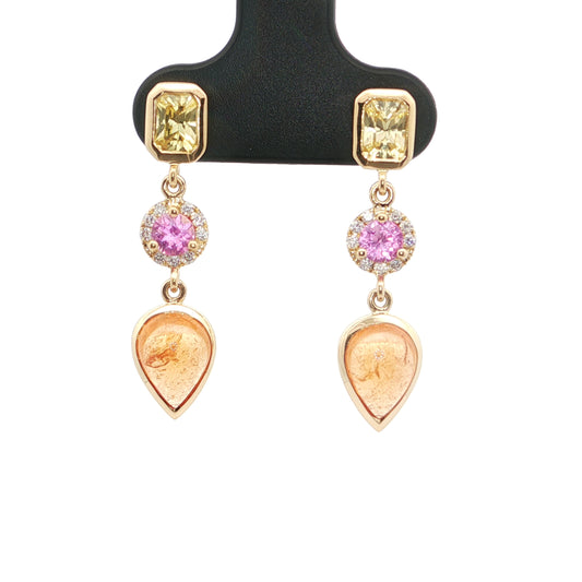 Yellow Sapphire/Pink Sapphire/Spessartite Bezel with Diamonds Earring 0.81/0.39/0.10/0.30ct 18K Yellow Gold