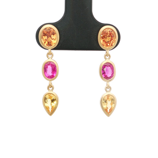 Spessartite/Pink Sapphire/Yellow Sapphire 3 Stone Earring 1.38/0.93/0.74ct 18K Yellow Gold