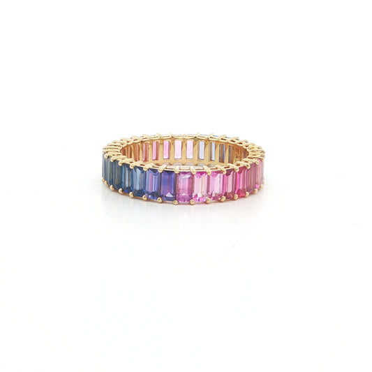 Pink Sapphire/Purple Sapphire/Blue Sapphire Ombré Baguette Ring 6.18ct 18K Yellow Gold Size 8