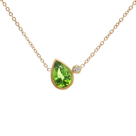 Peridot/Diamond Pear Shape 2 Stone Necklace 0.61/0.08ct 18K Yellow Gold
