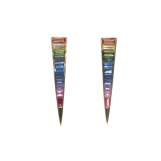Rainbow Sapphire Fancy Cut Bezel Earring ~3ct 18K Yellow Gold