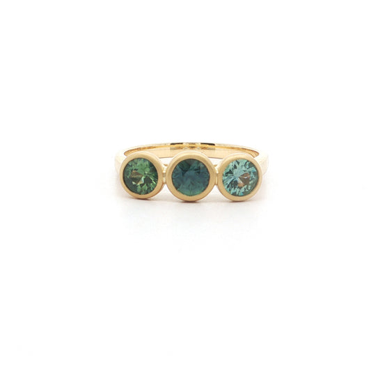 Montana Sapphire Round 3 Stone Ring 1.15ct 18K Yellow Gold Size 7