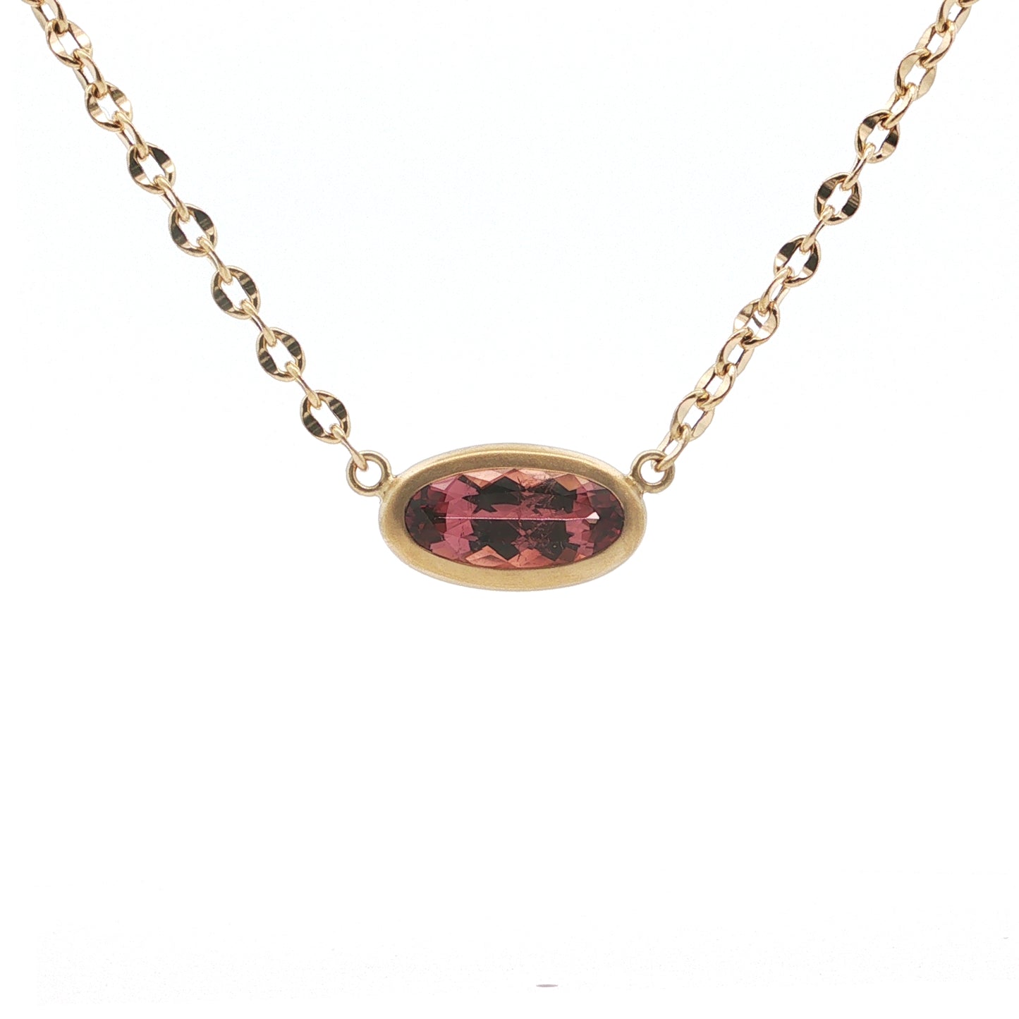Pink Tourmaline Oval Bezel Necklace 4.49ct 18K Yellow Gold