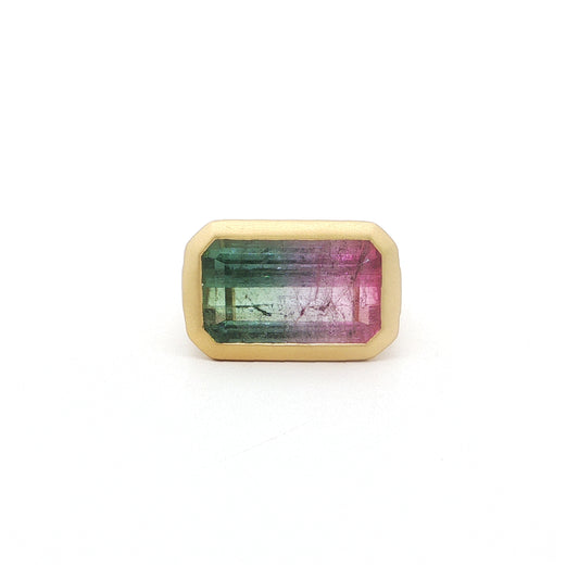Bicolor Tourmaline Emerald Cut Bezel Ring 12.23ct 18K Yellow Gold Size 7.5