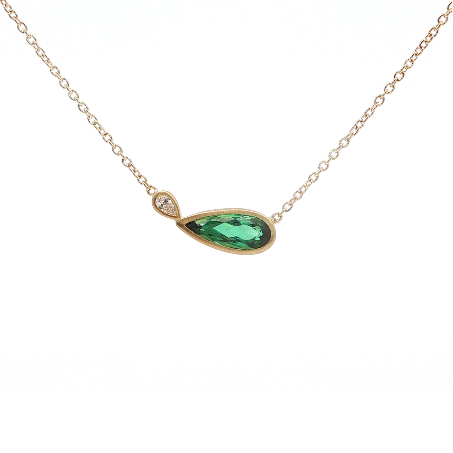 Green Tourmaline/Diamond Pear Shape 2 Stone Necklace 0.81/0.04ct 18K Yellow Gold
