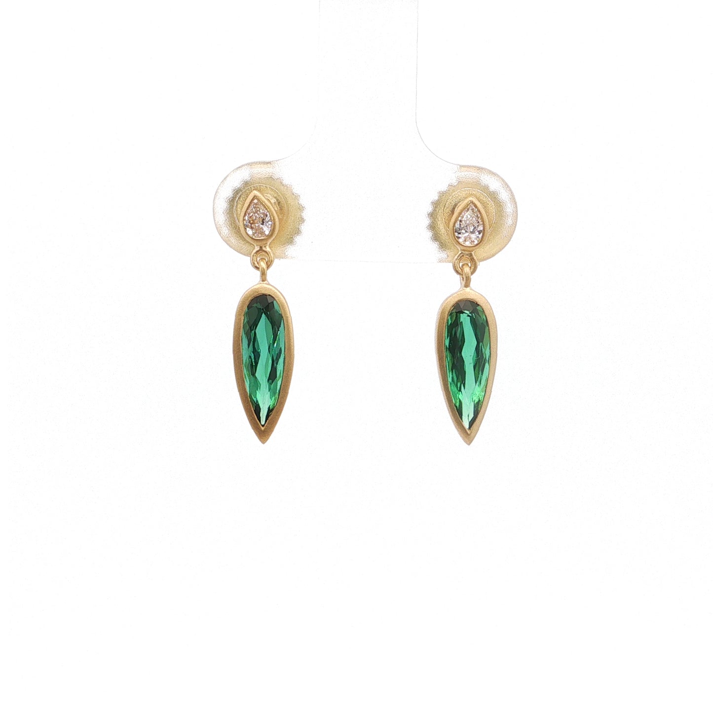 Green Tourmaline/Diamond Pear Shape Bezel Earring 1.45/.15ct 18K Yellow Gold