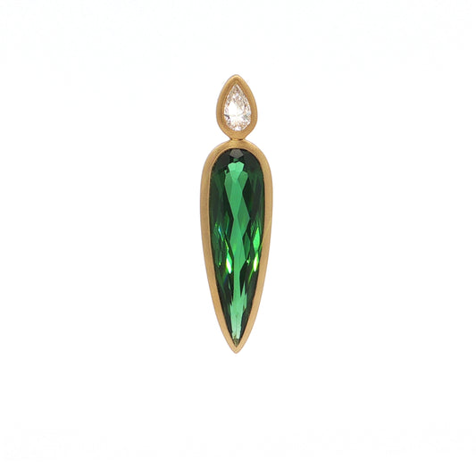Green Tourmaline/Diamond Pear Shape Bezel Pendant 3.24/0.16ct 18K Yellow Gold
