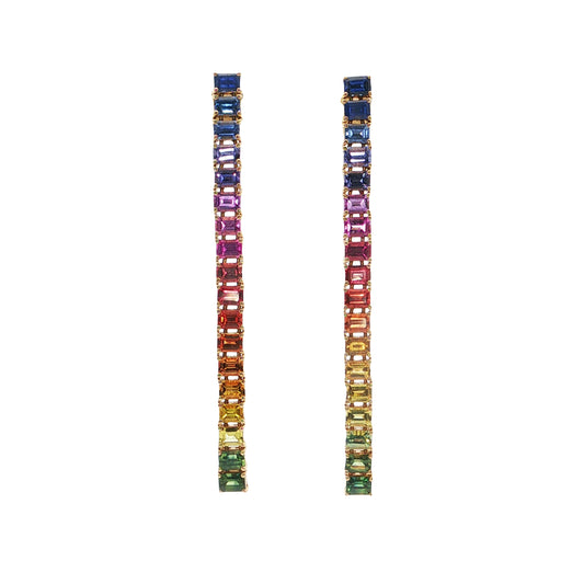 Rainbow Emerald Cut Tennis Earring 5.90ct 18K Yellow Gold
