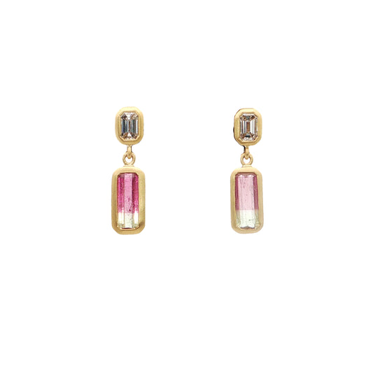 Bicolor Tourmaline/Diamond Emerald Cut Bezel Earring 1.13/0.40ct 18K Yellow Gold