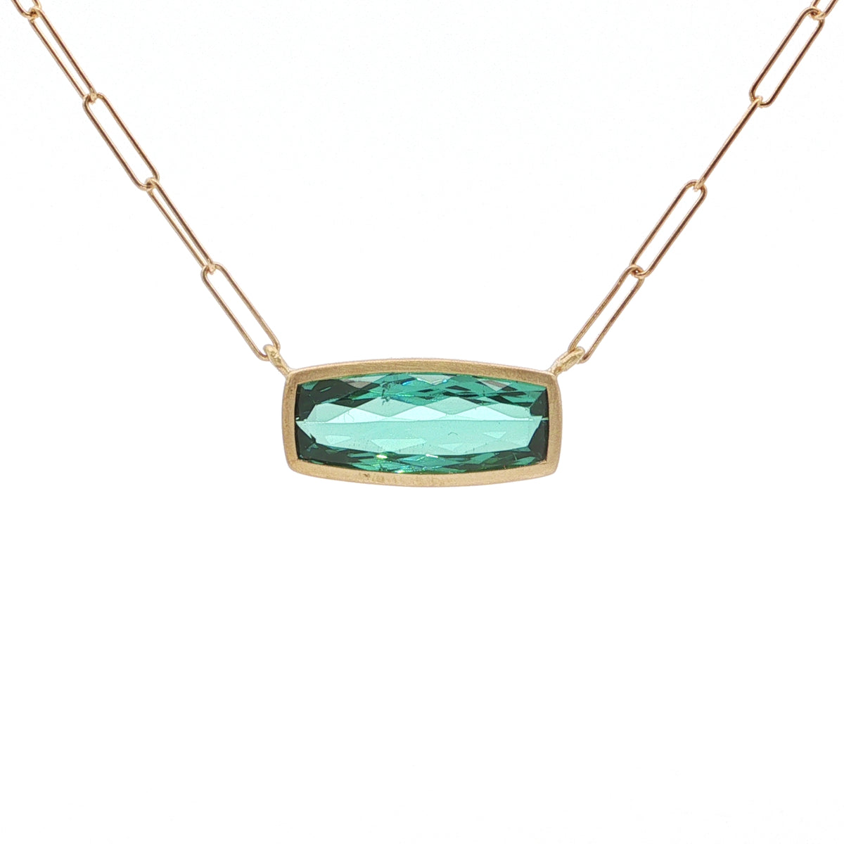 Green Tourmaline Cushion Bezel Necklace 3.00ct 18K Yellow Gold