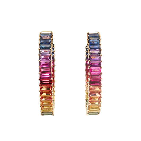 Rainbow Baguette Hoop Earring 8.80ct 18K Yellow Gold