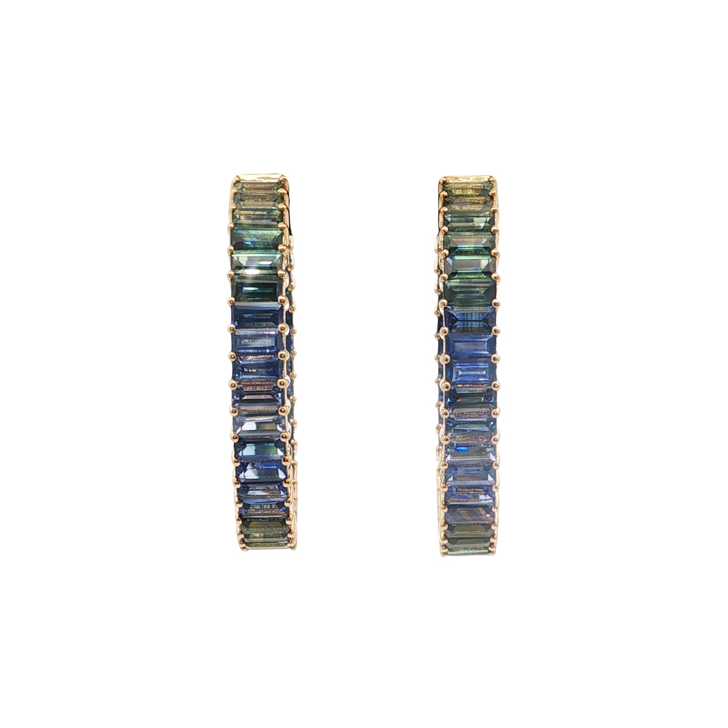 Blue Sapphire/Green Sapphire Baguette Ombré Hoop Earring 9.45ct 18K Yellow Gold