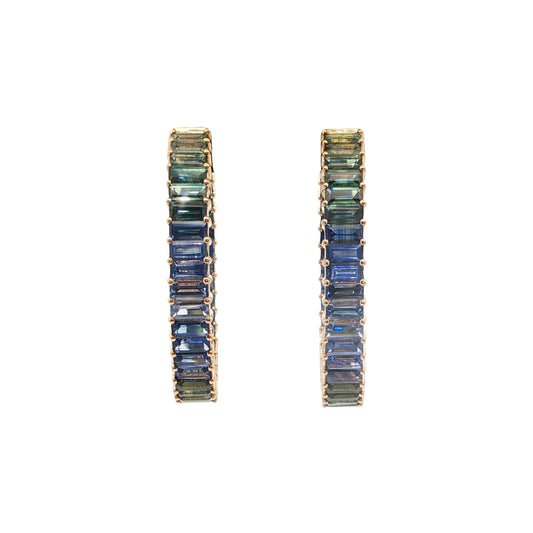 Blue Sapphire/Green Sapphire Baguette Ombré Hoop Earring 9.45ct 18K Yellow Gold