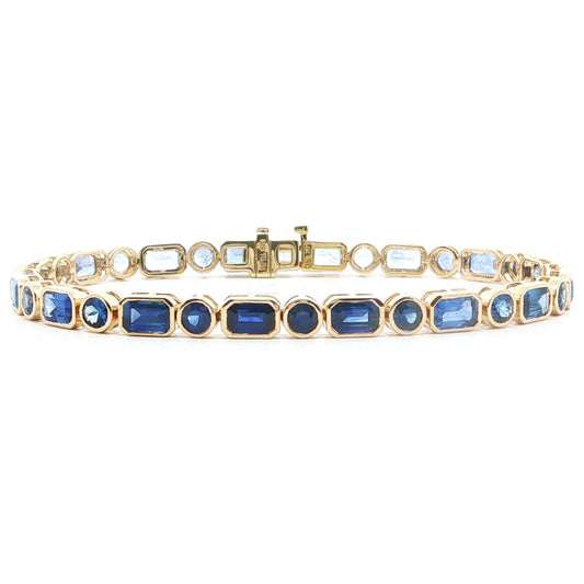 Blue Sapphire Round/Emerald Cut Tennis Bracelet 10.54ct 18K Yellow Gold 7"
