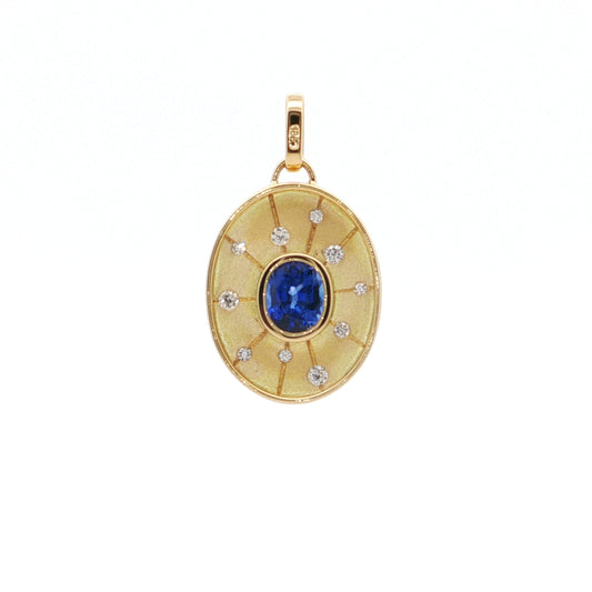 Blue Sapphire Oval Medallion Pendant 0.75/0.10ct 18K Yellow Gold