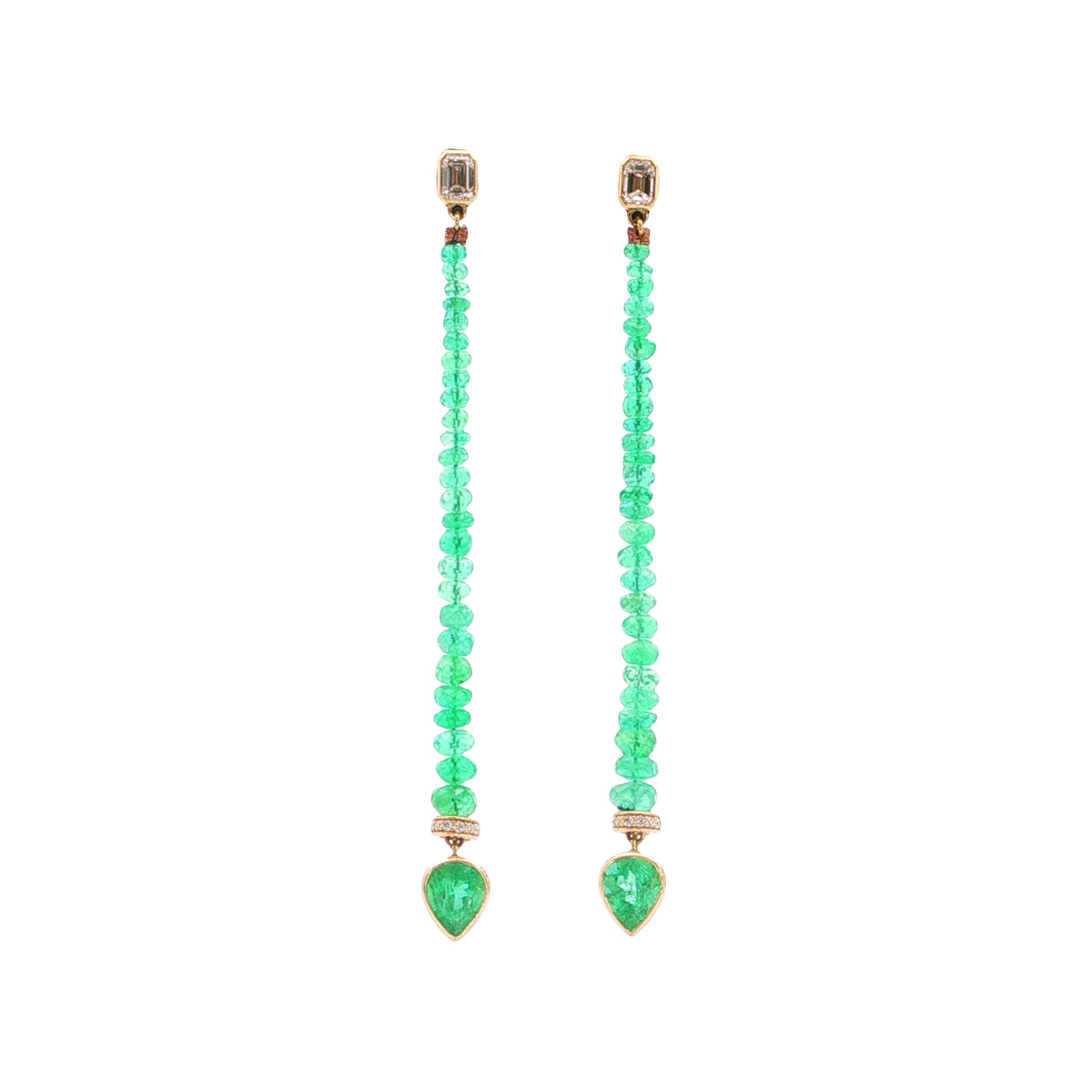 Emerald Pear Shape/Bead Bezel with Diamonds Earring 1.46/9.87/0.52ct 18K Yellow Gold