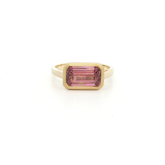 Zircon Emerald Cut Bezel Ring 3.43ct 18K Yellow Gold Size 7
