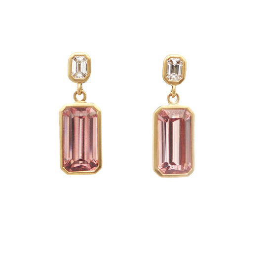Zircon/Diamond Emerald Cut Bezel Earring 0.92/0.41ct 18K Yellow Gold
