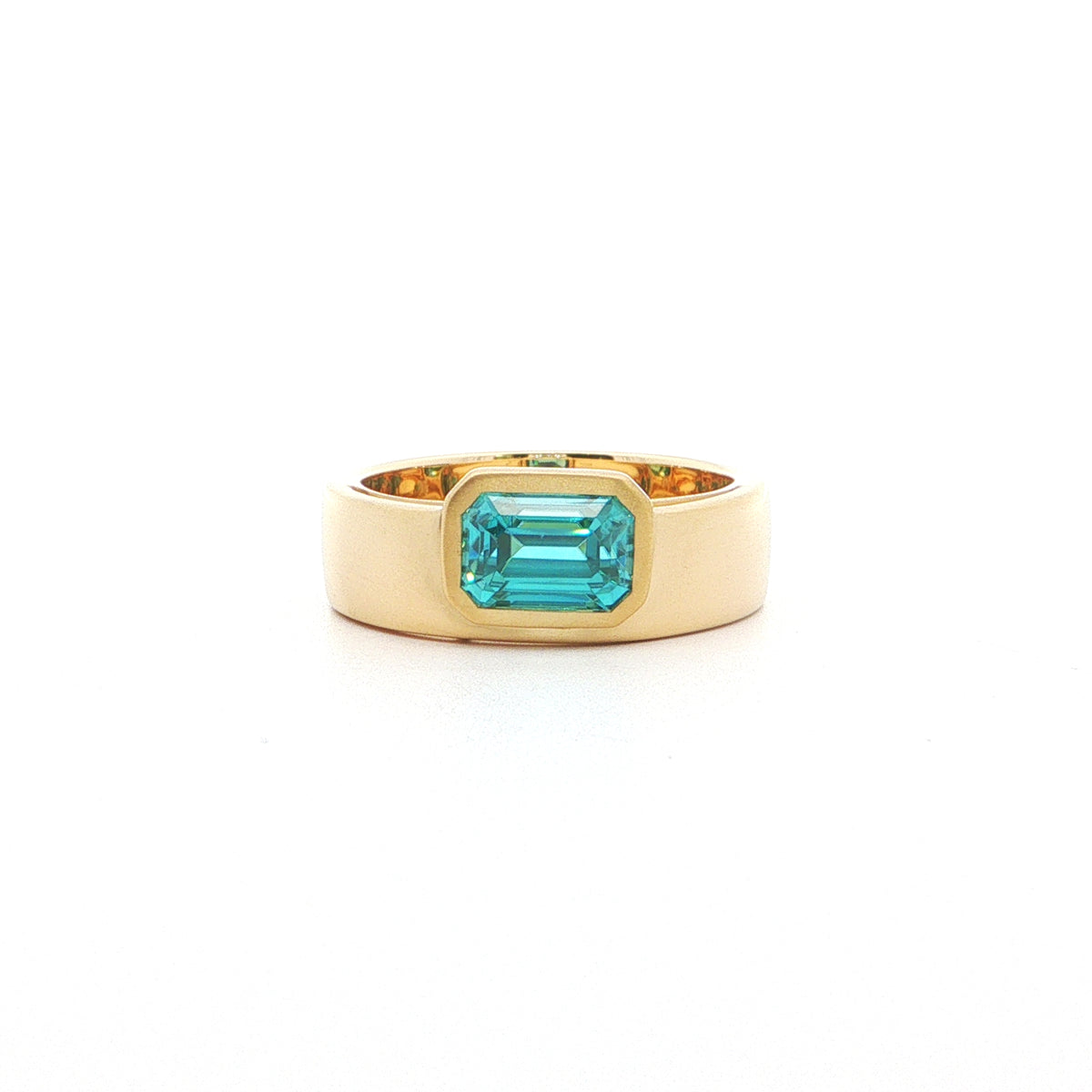 Blue Zircon Emerald Cut Wide Band Ring 2.15ct 18K Yellow Gold Size 7