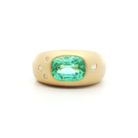 Green Tourmaline/Diamond Cushion Cigar Band Ring 3.00/0.10ct 18K Yellow Gold Size 7