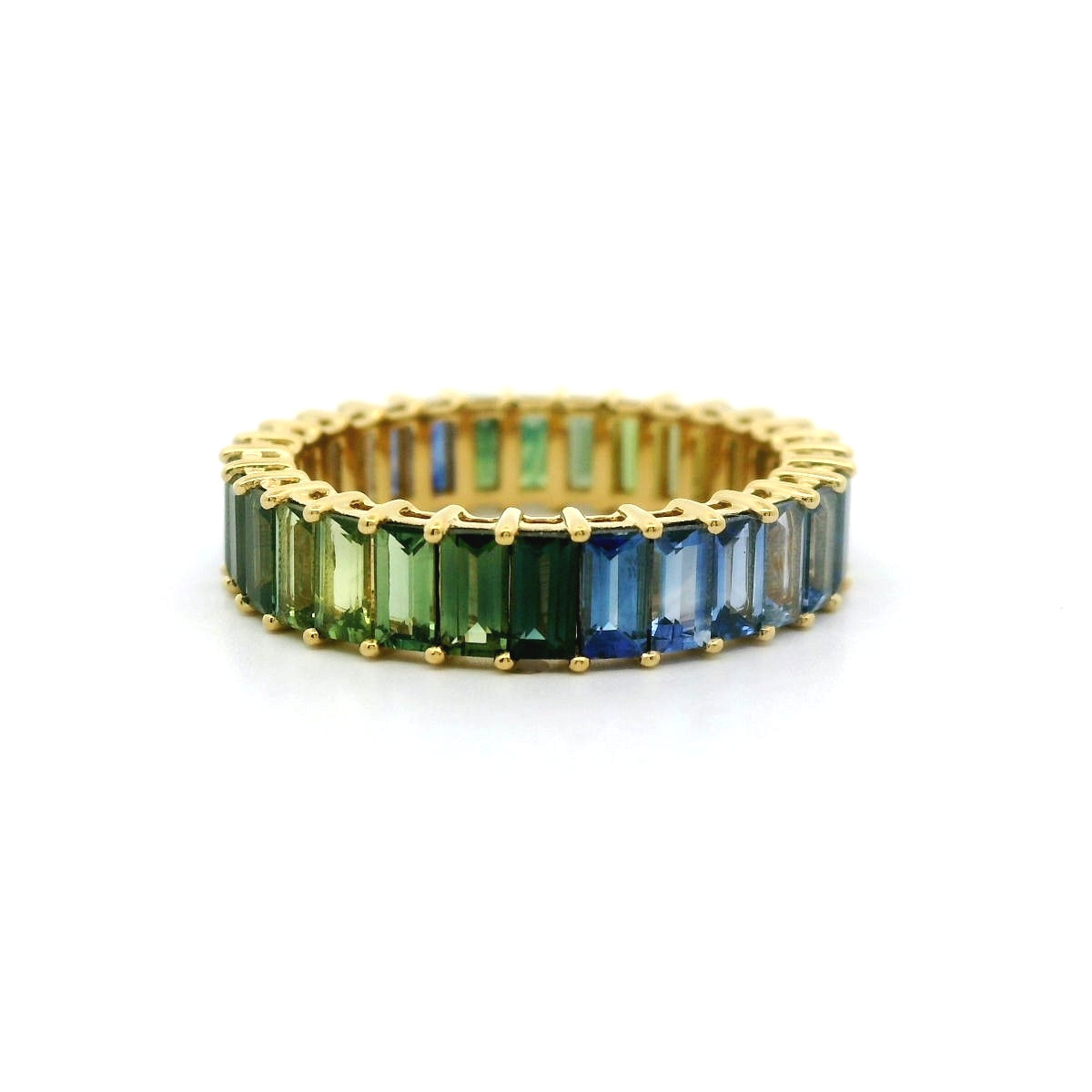 Blue Sapphire/Green Sapphire Ombré Baguette Ring 5.96ct 18K Yellow Gold Size 8 (2)