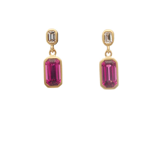 Purple Garnet Emerald Cut Bezel Earring 0.67/0.24ct 18K Yellow Gold
